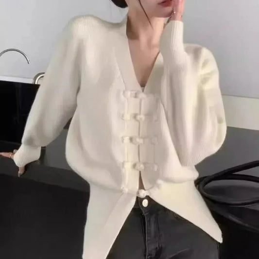 V-neck Buckle Long Sleeve Cardigan WHITE / S