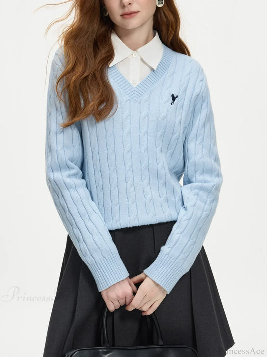 V-neck Embroidered Twisted Flower Sweater SKY BLUE / XS