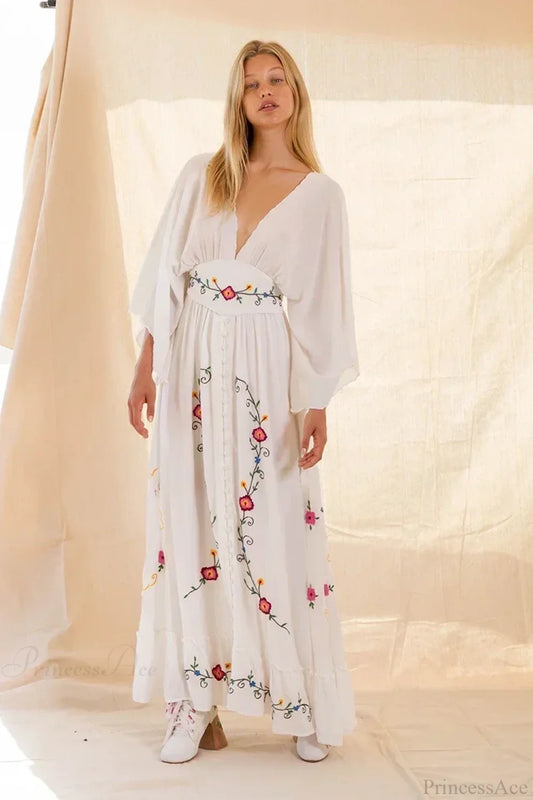 V-neck Embroidery Flower Retro National Boho Dress WHITE / S bohodress-250126
