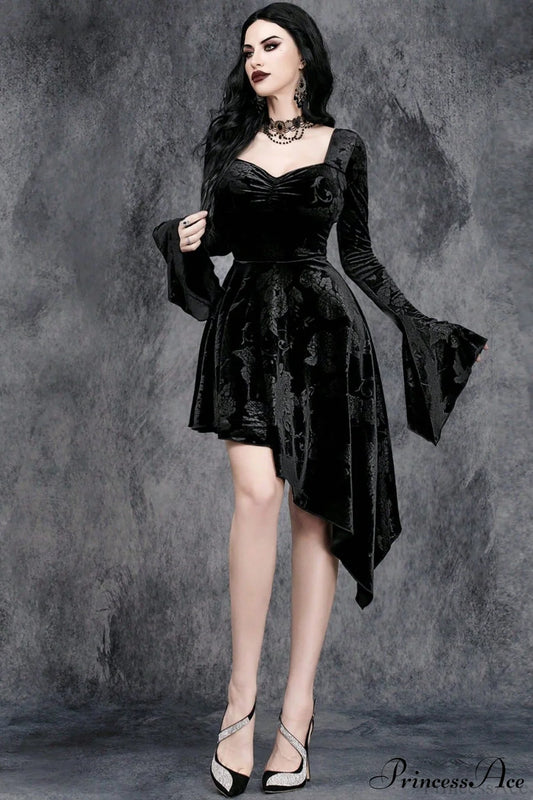 V-Neck Flare Sleeve Gothic Dress Black / S