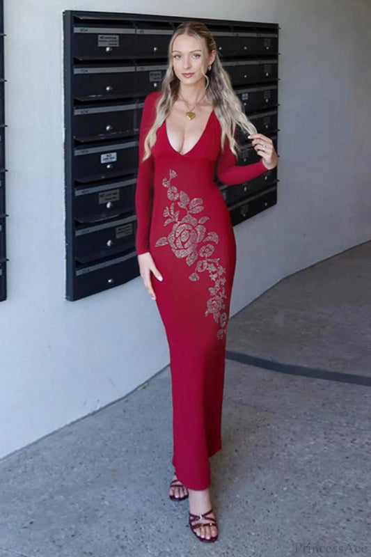 V Neck Rhinestone Fitted Maxi Dress Red / S