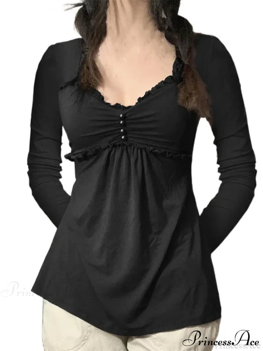 V-Neck Ruched Solid Color Vintage Buttons T-Shirts Black / S