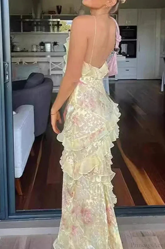 V Neck Ruffled Floral Print Vacation Dress vacationdress-250223