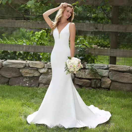 V-Neck Satin Mermaid Bridal Wedding Dress off white / 2 weddingdress-250223