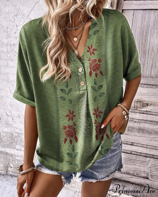 V-Neck Short-Sleeved Floral Tee T-Shirts