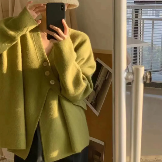 V-Neck Solid Simplicity Office Lady Autumn Knit Cardigan Green / S cardiagn-250126