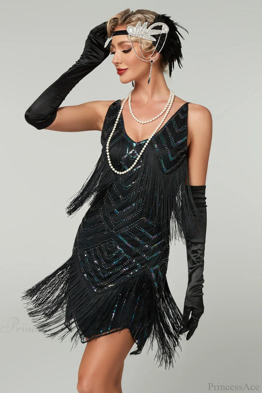 V-Neck Tassel Sequin Party Dress Black / S