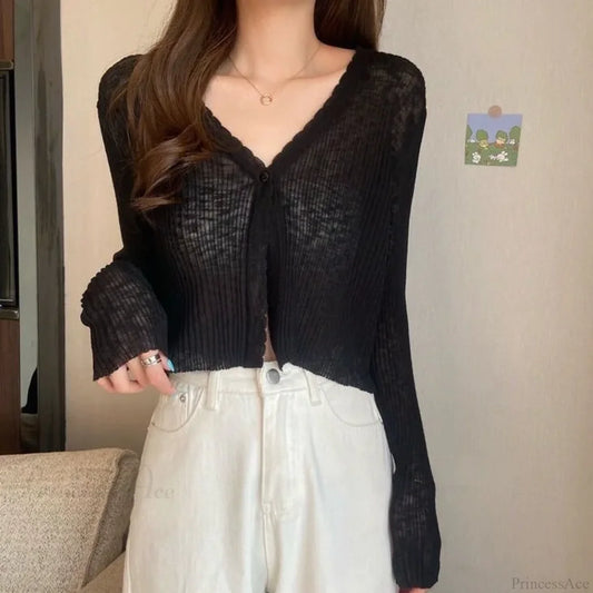 V-Neck Thin Sunscreen Korean Style Knit Summer Cardigan Black / One Size cardiagn-250126
