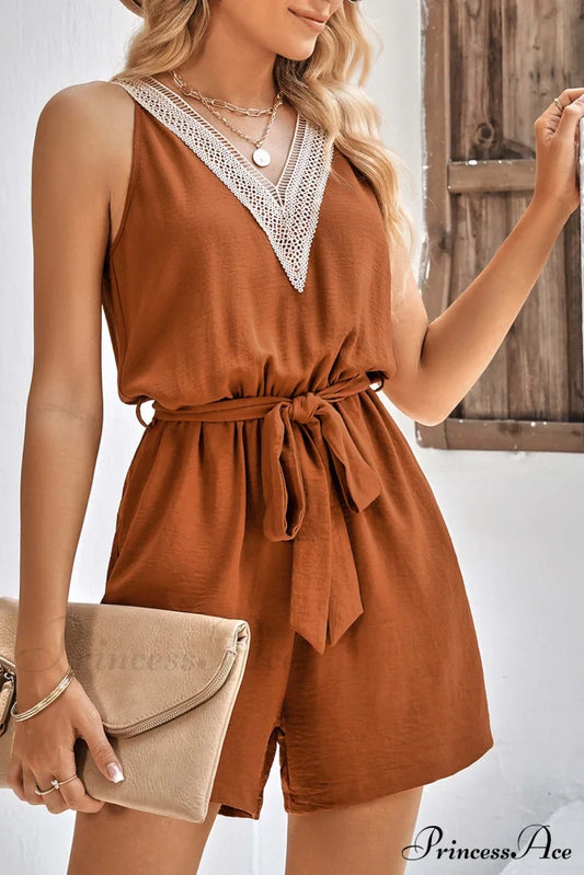 V Neck Tie-Waist Rompers With Lacework Caramel / M