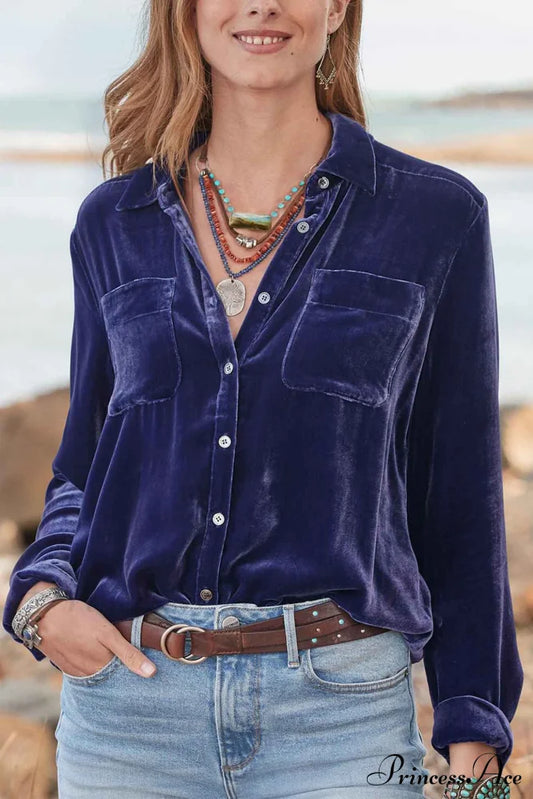 Velvet Button Up Blouse With Lapel Purple Orchid / S Blouses