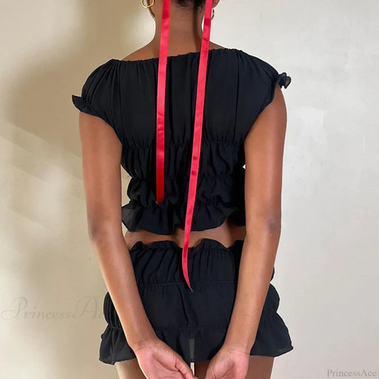 Vintage 2 Piece Set Cute Bow V Neck Ruched Crop Tops + Mini Pencil Fairycore Cottage T-shirt Y2K Kawaii Sweet Outfits