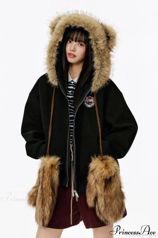 Vintage Bear Ear Fleece Collar Zip Hoodie Black / S