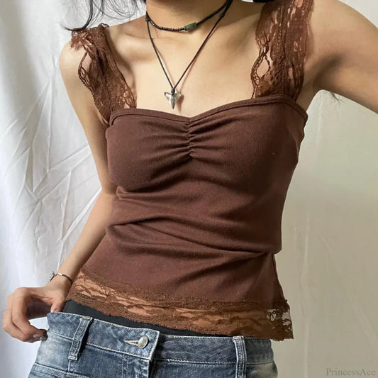 Vintage Brown Lace Patchwork Open Back Slim Fit Fairy Grunge Y2K Camis Crop Top Dark Brown / S croptop-250126
