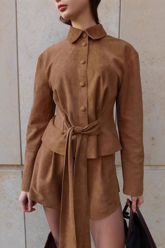 Vintage Brown Suede Tie Waist Cropped Two Piece Set