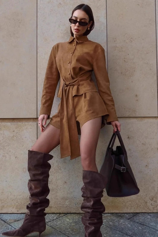 Vintage Brown Suede Tie Waist Cropped Two Piece Set Brown / S