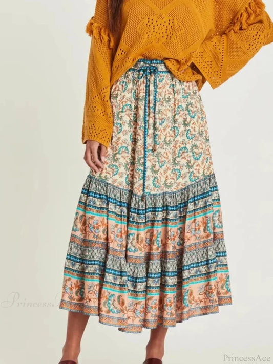 Vintage Chic Hippie Floral Peacock Printed High Waist Rayon A-Line Midi Boho Skirt kahaki / S skirt-250126
