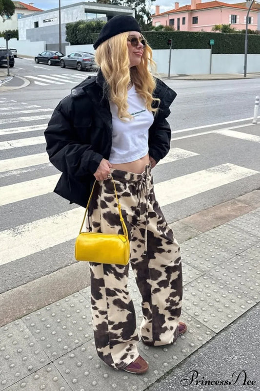 Vintage Cow Print Elegant Straight-Leg Jeans Cow print / S