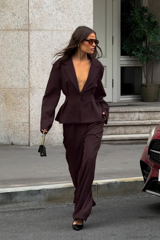 Vintage Deep V-Neck Fitted Waist Blazer Long Sleeve Two Piece Set