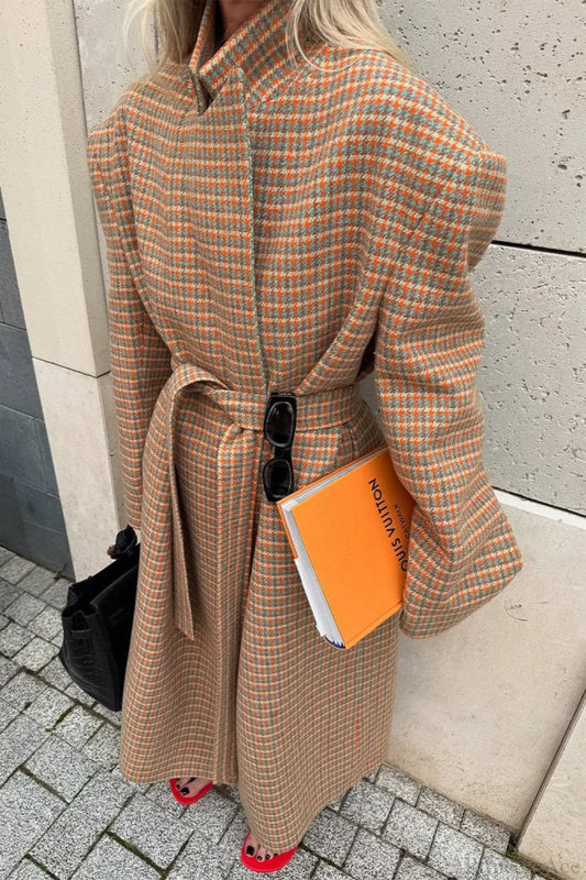 Vintage Elegant Warm Houndstooth Wool Blend Tie-Waist Overcoat Lattice / S