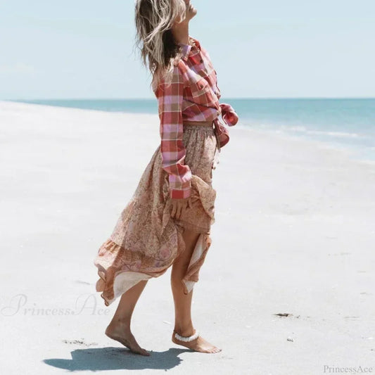 Vintage Floral Peacock Printed High Waist Beach Boho Skirt skirt-250126