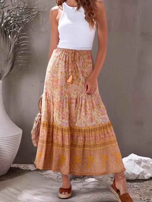 Vintage Floral Peacock Printed High Waist Beach Boho Skirt orange / S skirt-250126