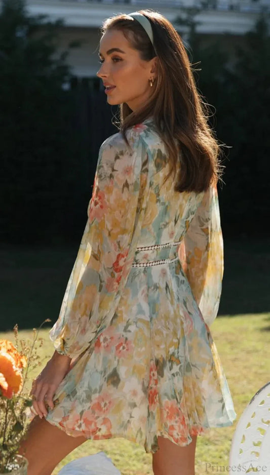 Vintage Floral Print Long Sleeve Hollow Out Sexy V-neck Mini Boho Dress bohodress-250126