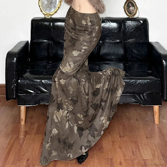 Vintage Floral Print Maxi Skirt Grunge Style 2000s Brown / S skirt-250126
