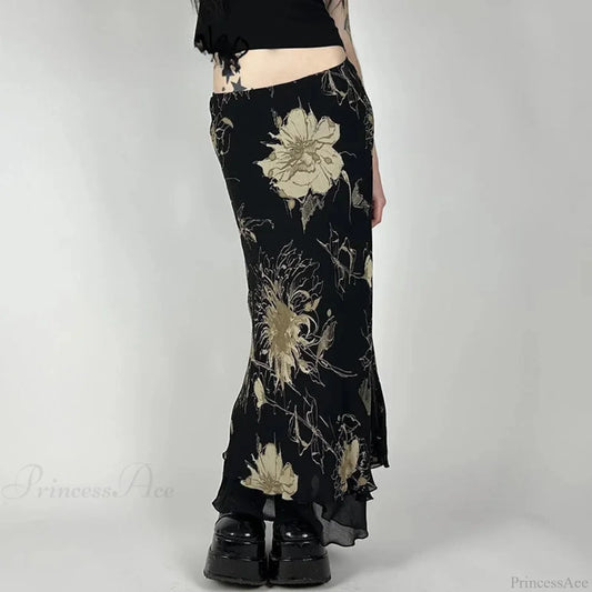 Vintage Flowery Fairycore Long Skirt Black / S