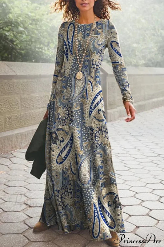 Vintage Geometric Print Long Sleeve Boho Dress