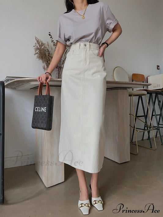 Vintage High Solid Waist Midi Split Denim Warm-Season Women Skirt Elegant White Beige / S