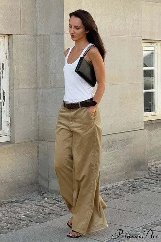 Vintage Khaki Corduroy Wide Leg Flared Pants