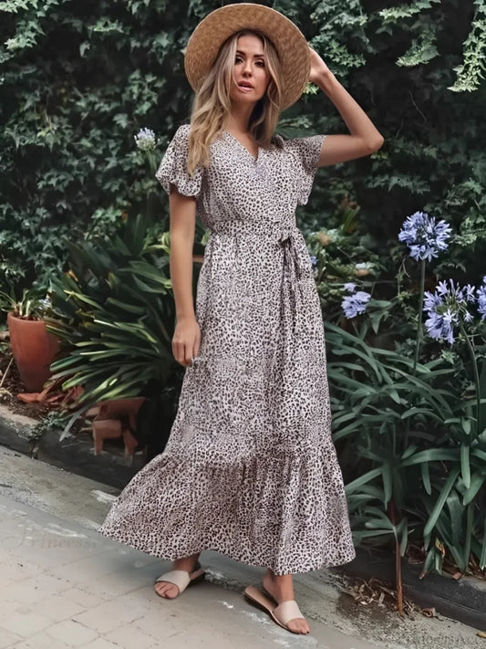 Vintage Leopard Print Bow Tie Boho Dress leopard / S bohodress-250126