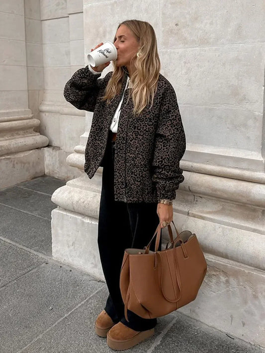 Vintage Leopard Print Zipper Coat