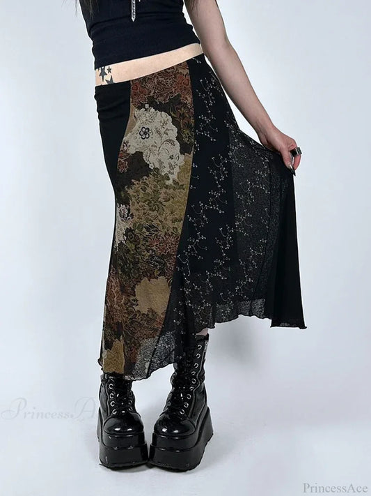Vintage Patchwork Floral Mesh Skirt Holiday Casual skirt-250126