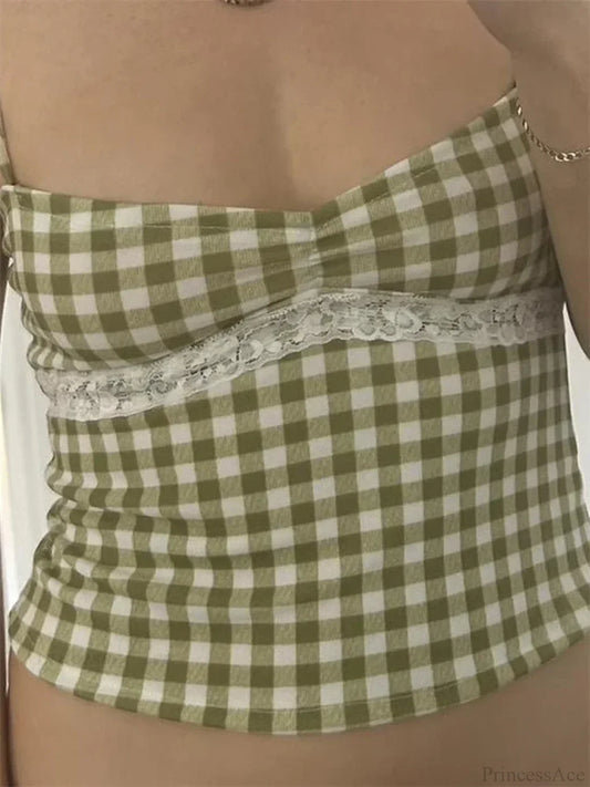 Vintage Plaid Lace Patchwork Spaghetti Crop Top croptop-250126