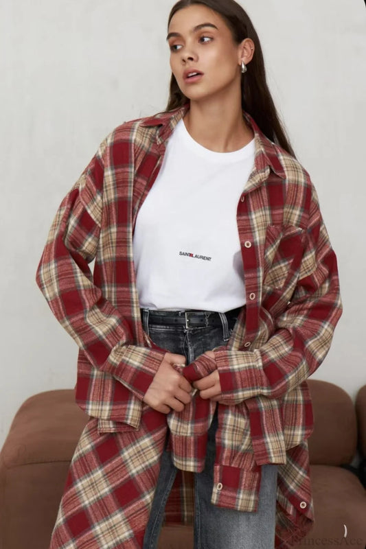Vintage Plaid Pocket Long Sleeve Collared Blouse