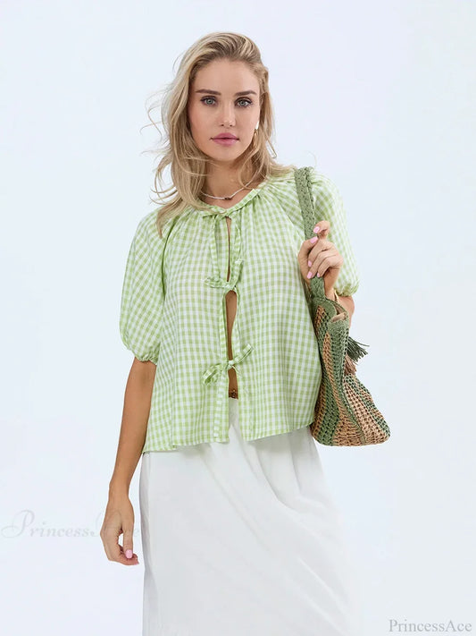 Vintage Plaid Tie-Up Blouse blouse-250223