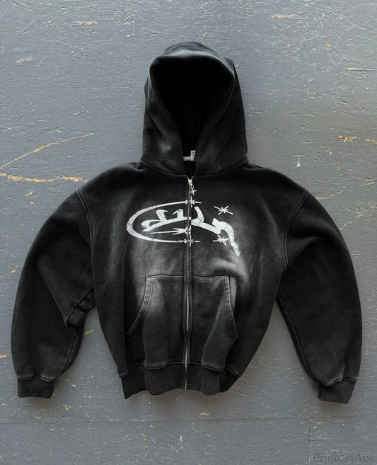 Vintage Print Zip Up Hoodie black 4 / M