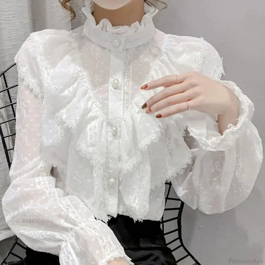 Vintage Ruffled Lace White Shirt Long Sleeve Casual Blouse WHITE / S blouse-250126