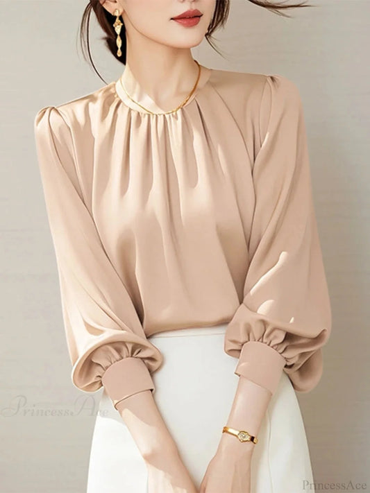 Vintage Satin Pleating Blouse Casual Office Blouse Khaki / S blouse-250126