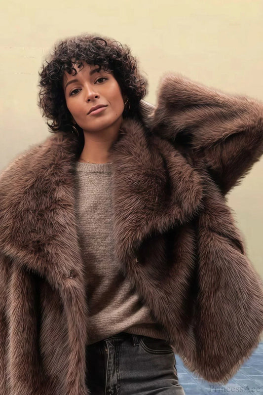 Vintage Solid Color Faux Fur Minimalist Coat Brown / XS