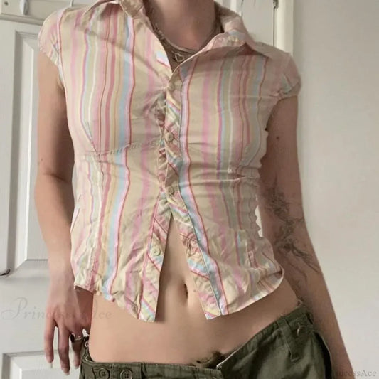 Vintage Stripe Slim Shirt Cardigan Blouse Light Pink / S blouse-250223