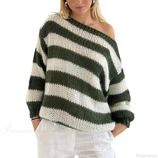 Vintage Striped Boat Neck Sweater army green / S