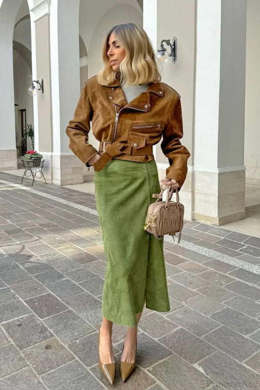 Vintage Suede High Waist Midi Pencil Skirt