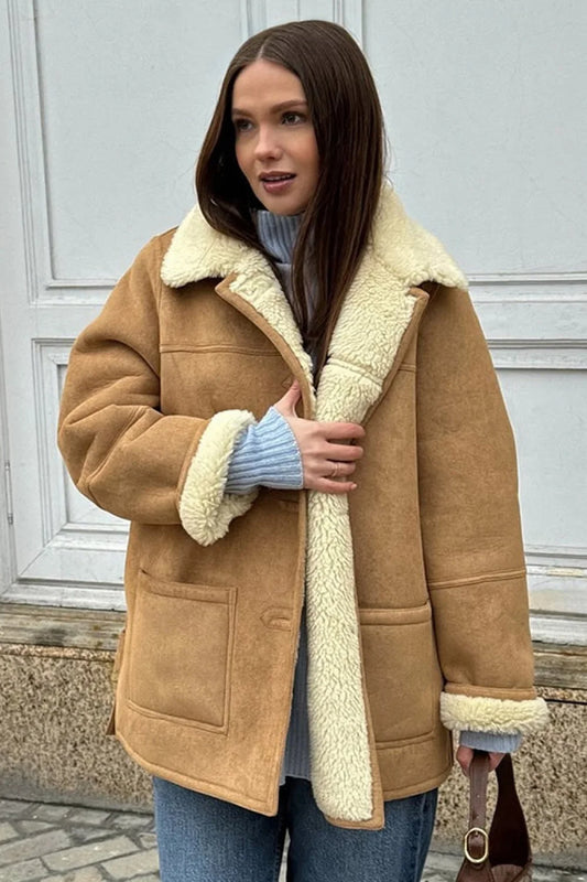Vintage Suede Sherpa-Lined Wide Lapel Coat Brown / S