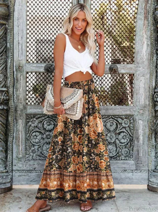 Vintage Summer Floral Print Beach Bohemian Pleated Skirt High Waist A-Line Black / S skirt-250126