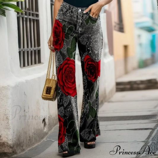 Vintage Summer Roman Rose Floral Print Casual Denim-Like Jeans Red / S