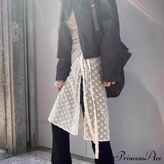 Vintage Tulle Lace Up Flower Mesh Overlay Casual Skirt White / One Size