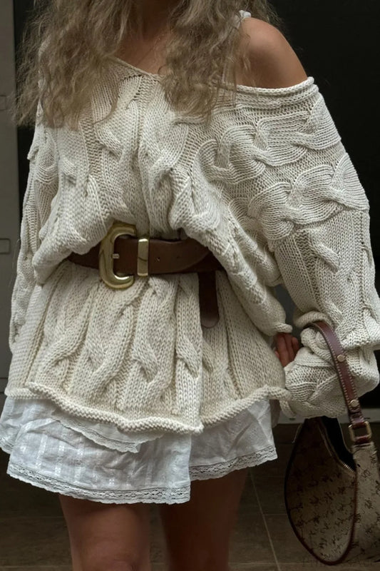 Vintage V-neck Loose Mid-length Cable Knit Long Sleeve Sweater