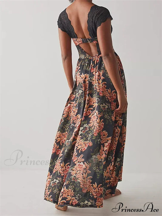 Vintage Women Lace Short Sleeve Casual Floral Print Backless Beach Party Split Summer Vestidos